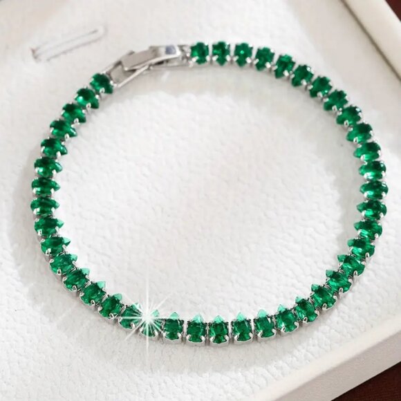 2ct Green Emerald Womens 14K White Gold Oval Gemstone Tennis Bracelet New Silver - Picture 2 of 10